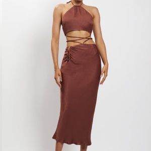 NEW WITH TAGS. Size XS. Meshki. Leanne Halter Tie front midi dress. Chocolate.